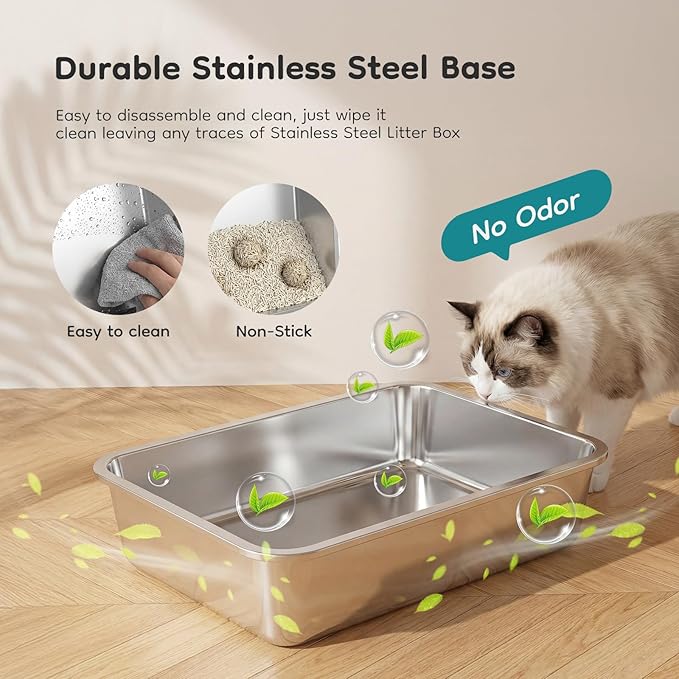 OLIXIS Stainless Steel Litter Box with Lid, Extra Large Enclosed Cat Litter Pan for Big Cats, High Sided Cat Box with Scoop & Mat, Front & Top Entry, Black