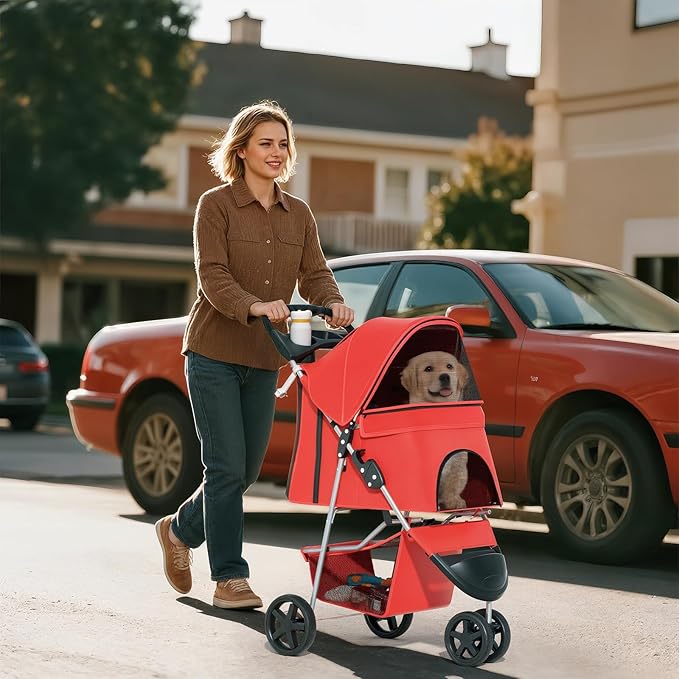 Pet Stroller for Small Dogs 10 lbs, Dog Stroller for Medium Dogs 30 lbs, Cat Strollers for 2 Cats, 3 Wheels Foldable Jogger Puppy Stroller with Storage Basket and Cup Holder, Red