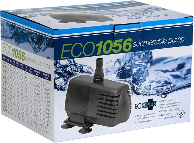EcoPlus Eco 1056 Water Pump Fixed Flow Submersible Or Inline For Aquariums, Ponds, Fountains & Hydroponics - UL Listed, 1083 GPH, Black