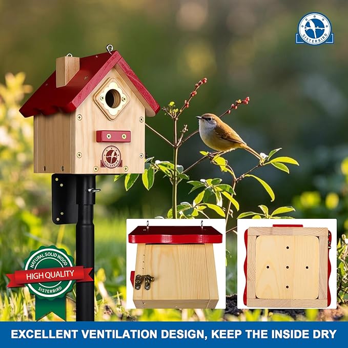 SISTERBIRD Wren Bird House, Premium Wooden Bird Houses for Outside, Classic Cabin Design Birdhouses for Outdoors, Hanging Bird House, Red-Breasted Nuthatch Wren Chickadee