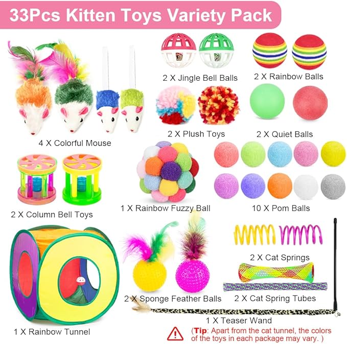 Retro Shaw Cat Toys Pack 33Pcs, Interactive Kitten Toys for Indoor Kittens Cats, Collapsible Kitty Play Tunnel Tent Feather Wand Balls Bell Springs Mouse Kitty Toys for All Breeds 15.7 Inches