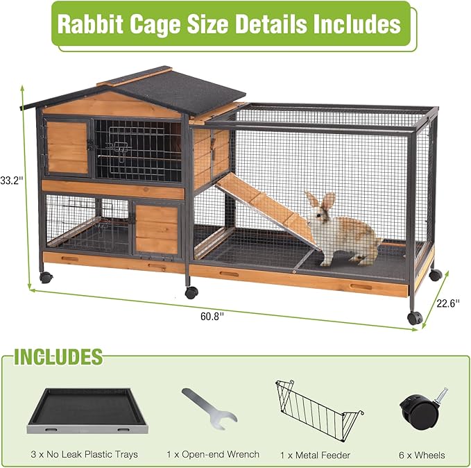 Large Rabbit Hutch Indoor Outdoor, Wooden Rabbit Cage with Chewproof Metal Frame, 62'' Mobile Bunny Cage with Wheels, Pull-Out Tray, Waterproof Roof, Guinea Pig Habitat (Orange)