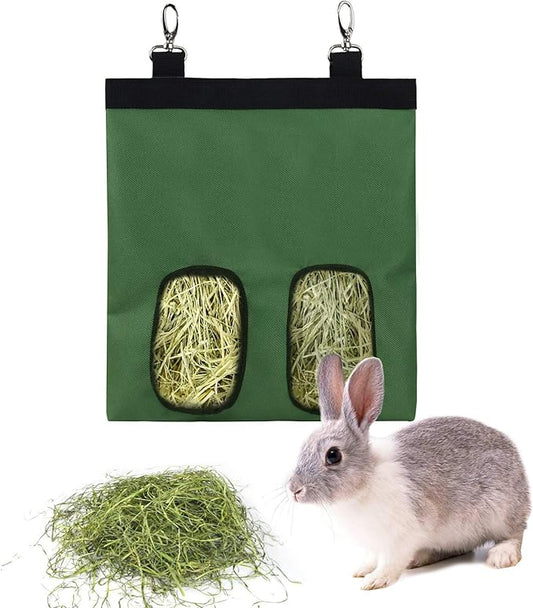 Rabbit Hay Feeder Bag Guinea Pigs Hanging Hay Rack Manger Holder Dispenser Small Animal Feeder Storage Pouch for Bunny Chinchilla Hamster (Green, 2 Windows)