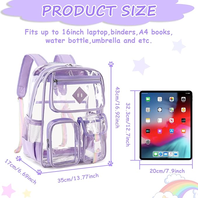 PIG PIG GIRL Clear Backpack for School,Heavy Duty PVC Transparent Bookbag for Girls Stadium Approved See Through Backpack