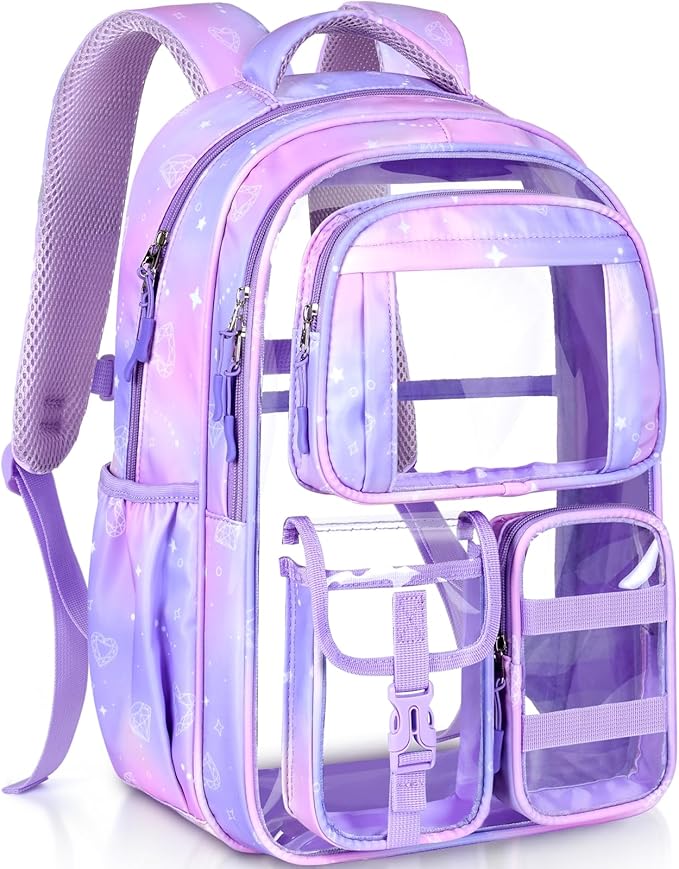 PAMANO Clear Backpack for Girls, Heavy Duty Transparent Bookbag for Kids, See Through Cute Backpacks for Elementary Primary School Work Sport Travel - Purple