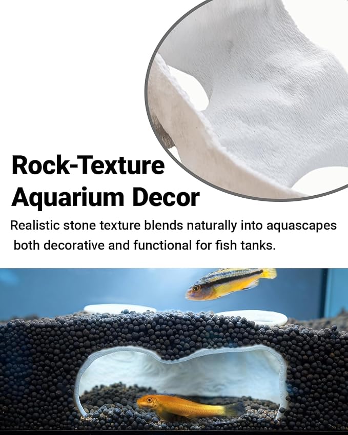 Dual-Entrance Rock-Texture Cave – Fish Tank Shelter & Aquarium Decor with 2 Tunnels, 6×3.4×2.3in (White)