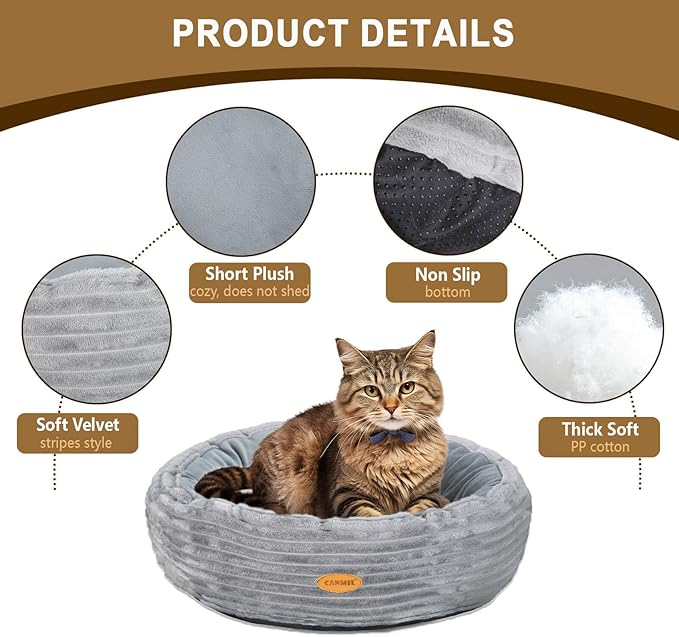 CANMIL Cat Bed, Cat Bed for Indoor Cats, 20’’ Donut Cat Bed for Cats and Small Dogs, Washable Round Pet Bed, Indoor Use
