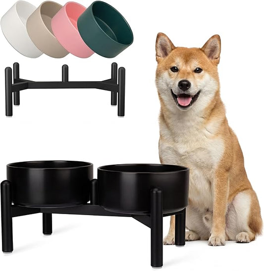 Raised Ceramic Dog Bowl Set - Elevated Double Dishes with Stainless Steel Stand - Food and Water Bowls for Small to Medium Dogs - Each Holds 3.5 Cups (29.57 fl oz) - Black