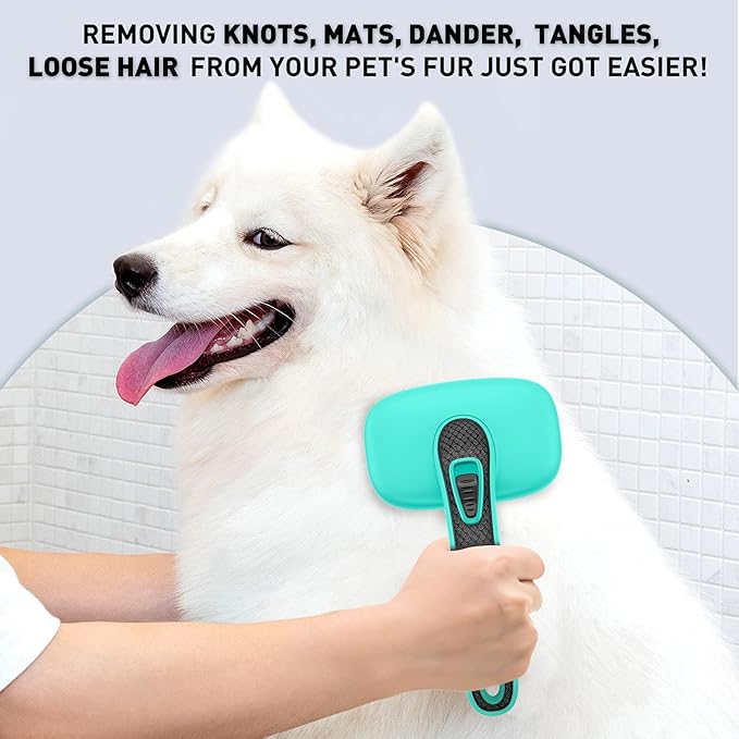 Self Cleaning Slicker Brush for Dog & Cats, Skin Friendly Deshedding Grooming Tool for Shedding Long and Short Haired Pets, Easy Clean Retractable Bristles, Green