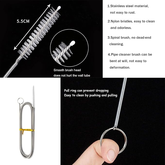 ICEYLI Long Drain Brush Hose Flexible Feeding Tube Brush | 2 PCS 61 Inch Stainless Steel and Nylon Pipe Cleaner Brush and 2 PCS 7.9 Inch Straw Brush