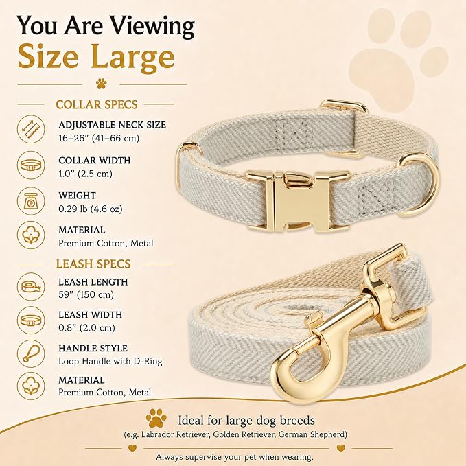 Herringbone Tweed Dog Collar and Leash Set for Large Dogs, Gray | Snag-free, no-rub design. Soft breathable cotton, gentle on fur. Adjustable durable matching combo for walks & outdoors.