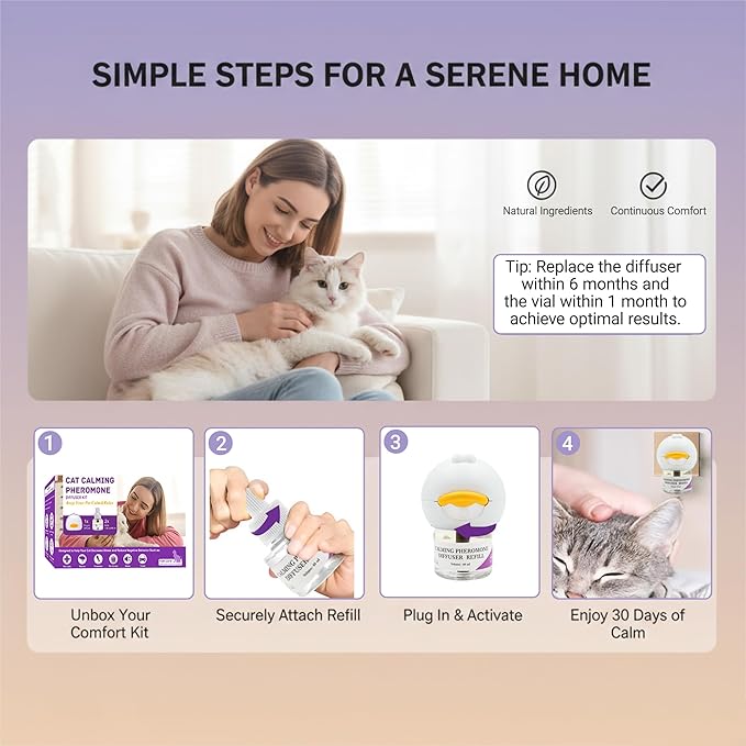 Cat Calming Diffuser,Kit with 2 x 30-Day Refill,Premium Cat Pheromones Calming Diffuser for Stress,Natural Anxiety Relief for Cats,Stops Scratching & Urine Spraying,Safe for Multi-Cat Homes(2 Count)