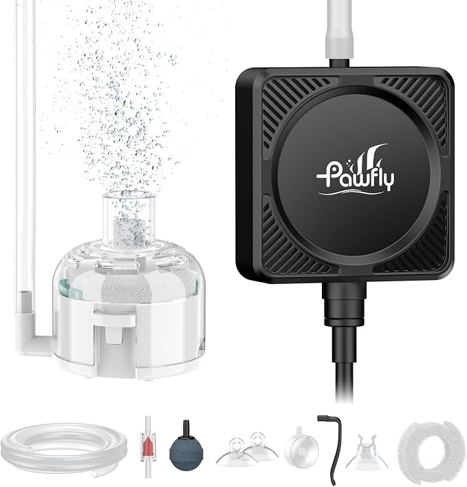 Pawfly Mini Aquarium Air Pump, Ultra Quiet Oxygen Aerator Kit for 1-15 Gallon Fish Tanks with Air Tubing, Air Stone, Check Valve & Suction Cups