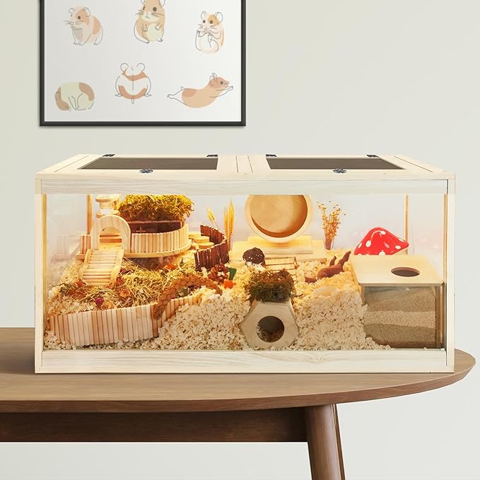 PROLEE Hamster Cage with Metal Mesh Top, Chewproof Wooden Guinea Pig Cages, Mice and Rat Habitat,Large Hamster Cages with Acrylic Sheets Solid Built (40X20X20 Inch)