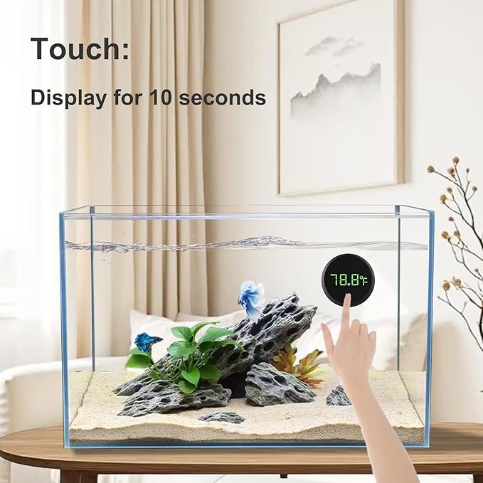 Carefree Fish Aquarium Digital Thermometer Cordless Replaceable Battery LED Display Temperature Measurement Error ±0.9℉(US Patent Number:D1038779S)