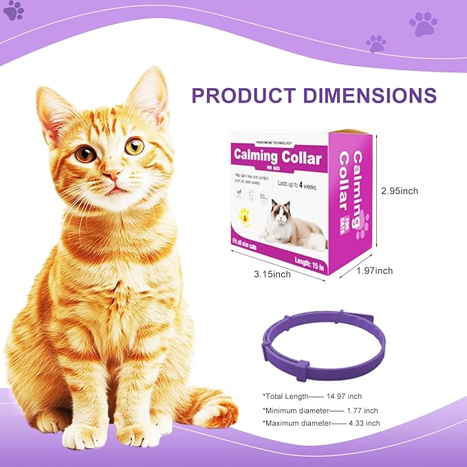 Cat Calming Collar, 15-Inch Adjustable, 60-Day Stress Relief, Purple, 4-Pack