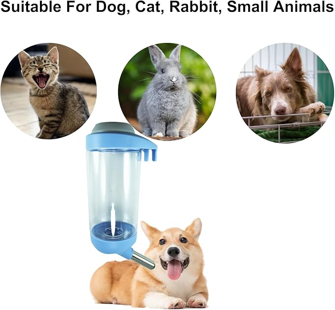 Dog Crate Water Bottle - 17 oz No Drip Kennel Pet Water Dispenser, Easy-to-Use Cage Water Bottle for Dogs, Cats, Small Animals, 500ML, Blue