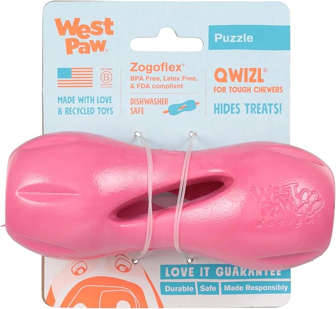 WEST PAW Qwizl Durable Zogoflex Dog Puzzle Toy for Mental Stimulation, and Enrichment - Treat Dispensing for Bully Sticks and Dental Sticks - Dishwasher Safe - Made in USA - Small - Geranium
