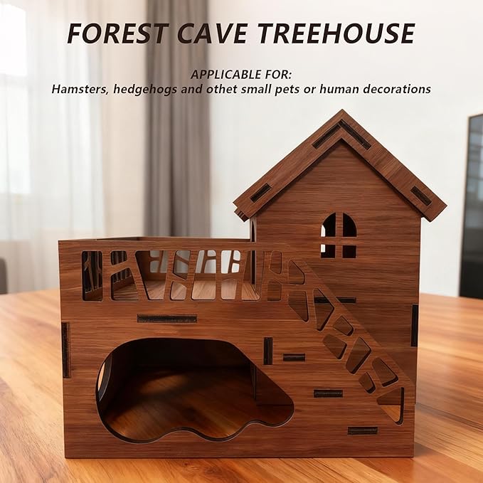 Wooden Hamster Cage, Multi-Chambered Natural Wood Hamster House with Underground Platform & Balcony, Chewable Maze-Like Habitat for Hamsters, Mice, Dwarf Hamsters