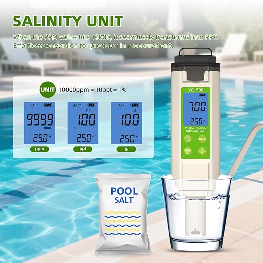 7 in 1 Pool Salt Tester, Digital Salinity & pH ORP Meter for Saltwater Pools, Hot Tubs, Spas, Aquariums, Sodium Chloride Water Quality Monitor
