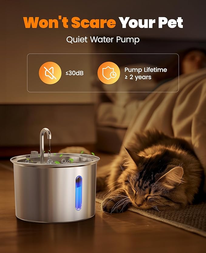 oneisall Stainless Steel Cat Water Fountain, 2L Water Fountains for Cats Indoor with Quiet Pump and 2 Replacement Filters, Pet Water Fountain Faucet Spout Design Cat Fountain Drinking Inside, PWF 001