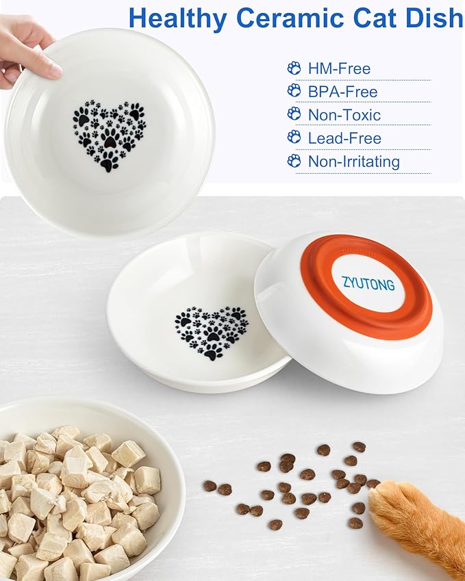 Ceramic Cat Bowl Whisker Friendly – 3 Pack Shallow Wide Cat Food Bowls, 5.5″ Non‑Slip Cats Dishes Silicone Base, Dishwasher & Microwave Safe, Indoor Cats Food & Water Bowl – Cute Heart Paw Design