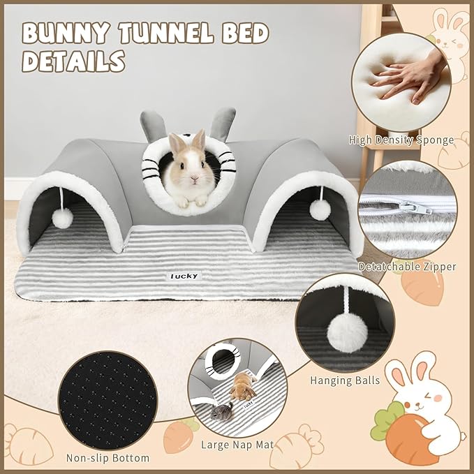 YUEPET 3-Way Bunny Tunnel Bed, Removable & Washable Rabbit Tunnels,Bunny Play Tunnel with Cozy Bed for Indoor Medium Small Rabbits Adult Guinea Pigs Hamsters, Cage Accessories for Small Pets (Grey)