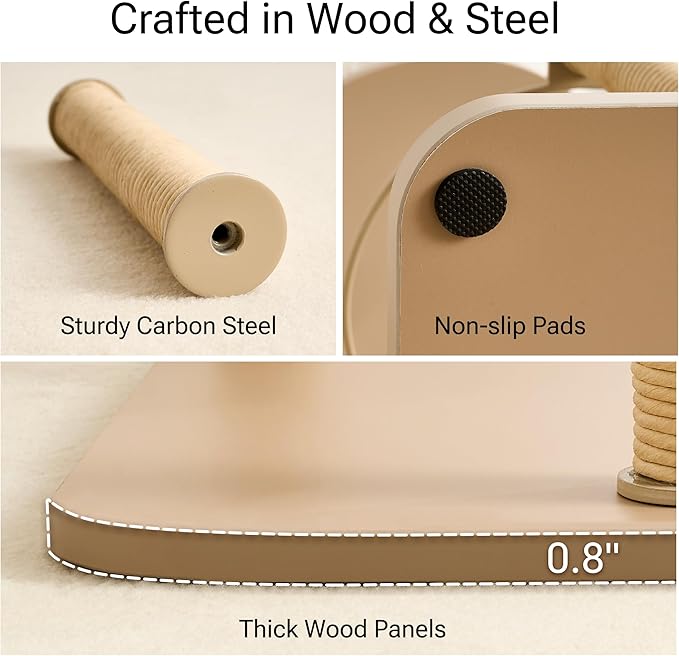 Modern Cat Tree, Wood Cat Tower with Steel Frame, Scratching Posts, Cat Capsule, Plush Mat, Bell Dangling Toy, Aesthetic Minimalist Heavy-Duty Cat Climbing Tree for Large Indoor Adult Cats-Khaki