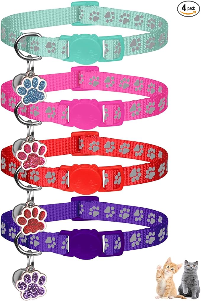 4PCS Breakaway Cat Collars,Reflective Cat Collar with Bells,Kitten Collars for Boy&Girl Cats Breakaway Collar for Cats with Paw Pendant 7.5-12.6 Inch(Purple+Hotpink+Red+Teal)