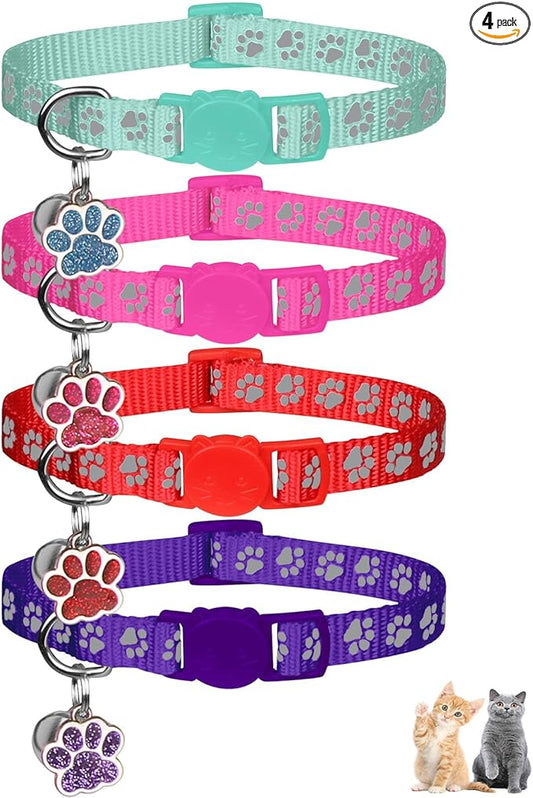 4PCS Breakaway Cat Collars,Reflective Cat Collar with Bells,Kitten Collars for Boy&Girl Cats Breakaway Collar for Cats with Paw Pendant 7.5-12.6 Inch(Purple+Hotpink+Red+Teal)