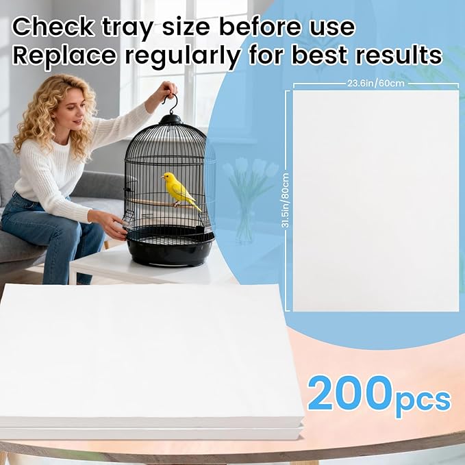 31.5x23.6in Bird Cage Liners - 200 Sheets Pre-Cut Disposable Cage Tray Liners, High Absorbent Non-Woven Pads for Parrots, Cockatiels and Small Animals