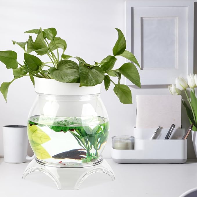 3 Gallon PET Aquaponic Betta Fish Tank Aquaponic with Base and Top | Large Bowl Shatterproof Aquarium Fish Tank with Clear Clarity for Terrarium, Flower Vase Centerpiece Present for Fish Lovers