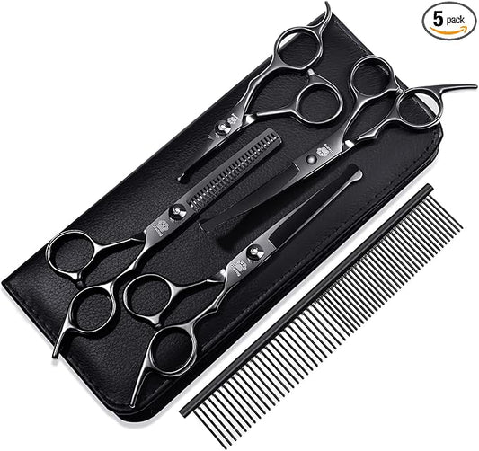 Dog Grooming Scissors Kit with Safety Round Tips, GLADOG Professional 6 in 1 Grooming Scissors for Dogs, Sharp and Heavy-duty Dog Grooming Shears for Dogs Cats