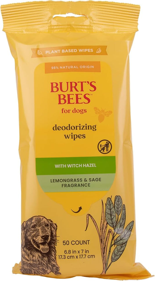 Burt’s Bees for Pets Deodorizing Wipes with Witch Hazel - 95% Natural Origin Odor Control Wipes, Gentle Deodorizing Formula That Refreshes Dog Coat, Daily Use, 50 Count