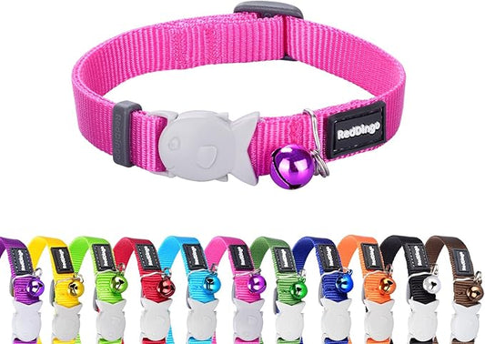 Red Dingo Classic Safety Release Breakaway Premium Cat Collar – Adjustable One Size Fits All with Soft Nylon Webbing, 4.4lb Safety Release Fish Clip, Stainless Steel D-Ring, Wildlife Bell – Hot Pink