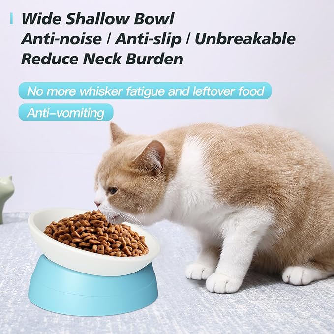 Elevated Cat Bowl, Adjustable Raised Slanted Food Bowl for Cats and Small Dogs, Wide Shallow PP Dish with TPR Non Slip Base, Whisker Friendly, 17 oz