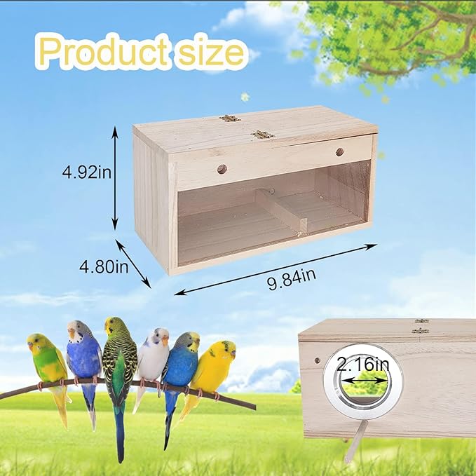 Tfwadmx Parakeet Nesting Box, Transparent Bird Nest Breeding Box, Wood Parrot Nest Box with Perch Bird Cage House for Cockatiel Lovebirds Budagie Canary Finch (M)