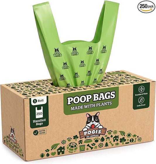 Pogi's Compostable Poop Bags with Easy-Tie Handles – Leak-Proof, Extra-Large, Made with Plants (Single Roll, 250-Count)