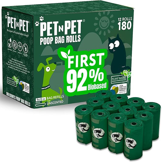 Pet N Pet 180 Counts Dog Poop Bags Rolls, 92% Plant Based Poop Bags for Dogs, Leak Proof Thick Doggie Poo Bag, Unscented Cat & Dog Waste Bag