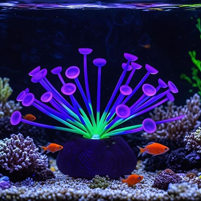 ZtohPyo Glowing Effect Soft Coral Aquarium Fish Tank Decorations Silicone Glow Artificial Ornament Coral Reef Plants for Aquarium Small/Large Fish Bowl Decor Accessories (Purple Trumpet-Shaped)