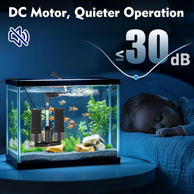 AQQA Electric Sponge Filter for Aquarium, Quiet USB Powered Breeding | Shrimp Filter with Bio Ceramic Media, Adjustable Air Intake & 360° Rotatable Outflow (110V Adapter Included) (S)