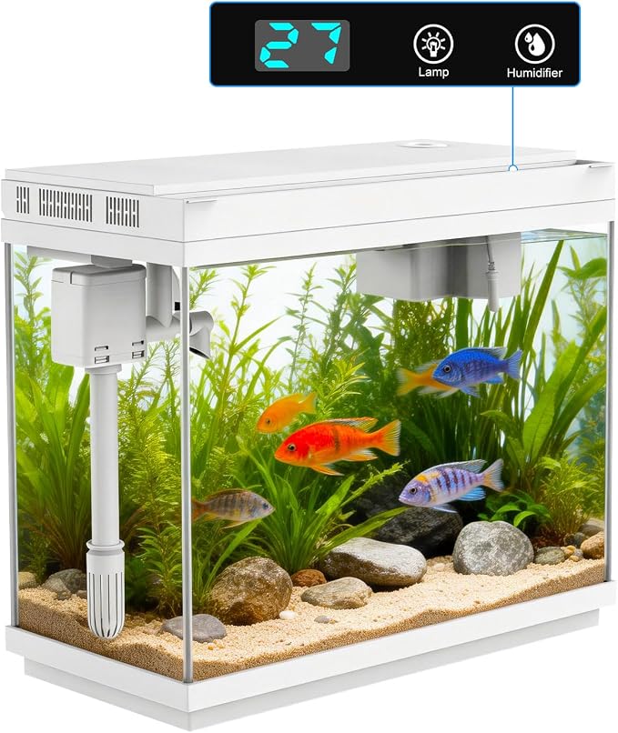 Smart Aquarium Fish Tank with Silent Water Pump, 2.4 Gallon Small Aquarium with Quick Start Kit, Temperature Display, Humidifier and RGB Lights, Perfect for Home, Office, and Decor, White