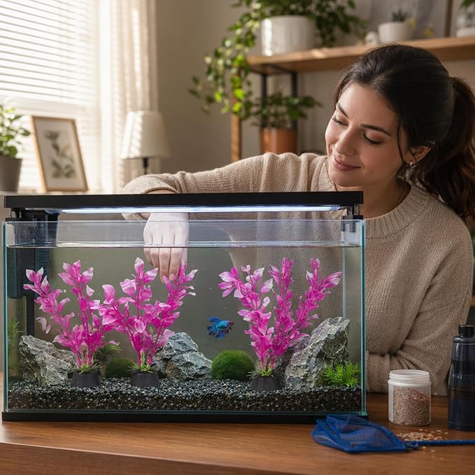 4PCS Pink Fish Tank Decor Set, Silk Plants for Betta Fish Tank, Aquarium Plants Decorations, 4PCS Set for Small Aquariums, Creating Resting Spots and Reducing Fish Stress