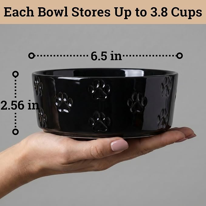 Ceramic Dog Bowl Set of 2 with Anti-Skid Base - 6.5" Wide x 2.5" Tall Ceramic Dog Bowls Medium Sized Dogs - 3.8 Cup Capacity Food and Water Bowls for Dogs - Rubber Bottom Pet Bowl Set of 2 Medium Size