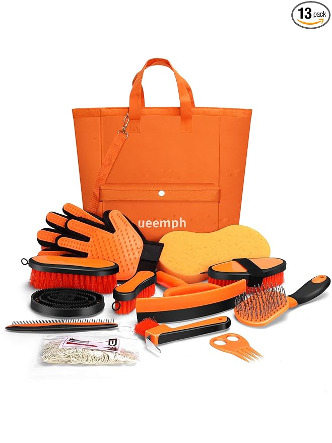Horse Grooming Kit（13-Piece），Orange Horse Brushes,Storage Bag, Sweat Scraper,Mane Comb,Horse Grooming Gloves, Gifts for Girls (Orange)