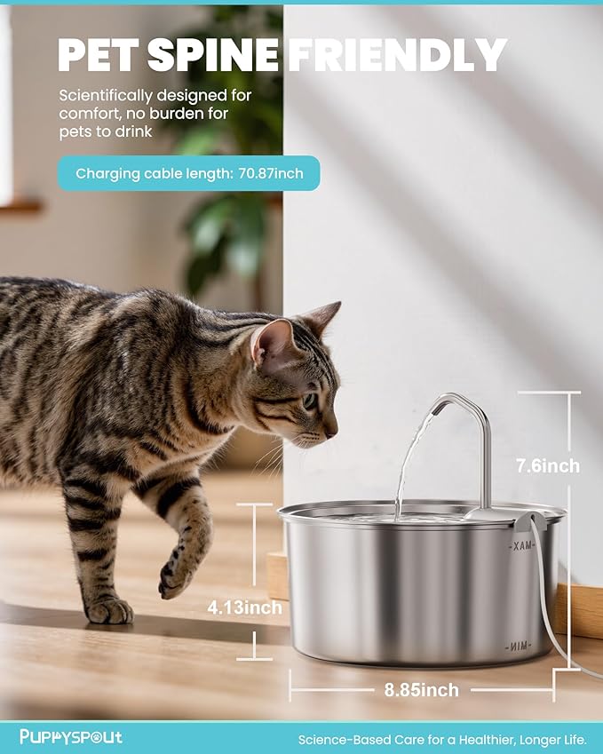 Cat Water Fountain Stainless Steel - 108oz/3.2L Automatic Cat Water Fountain for Drinking with 3 Pcs Filters, Metal Pet Water Fountain Water Dispenser for Cats, Puppy Dogs, Multiple Pets
