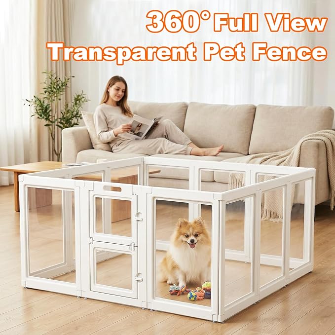 Acrylic Dog Playpen,Clear Plastic Dog Play Pen Indoors,Easy Assemble Dog Playpen-Puppy Playpen,Rabbit and Cat, Small Pet Pen, Dog Pen Indoor(White, 23.6" H, 12PCS)