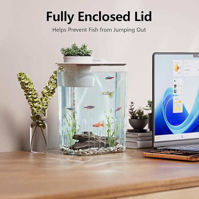 1 Gallon Betta Fish Tank Aquarium Starter Kit with Light and Lid(White) | Premium Acrylic Aquarium with Light and Lid, Crystal Clear Starter Kit for Betta Fish, Shrimp, Snails and Small Fish
