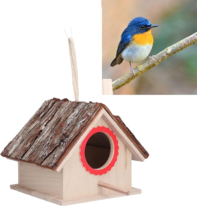 Bird Nest, Wooden Hanging Outdoor Bird Nest with Perch Rustic Bird Nest Box for Bluebirds, Chickadees, Hummingbirds, Swallows, and Other Birds.