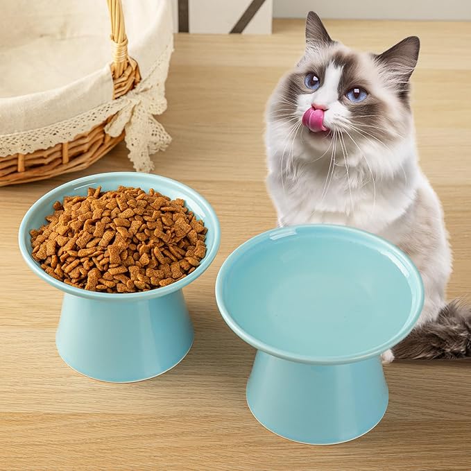 6.2 Inch Extra Wide Elevated Ceramic Cat Bowls, Food and Water Bowl Set for Elder Big Cats Small Dogs, Raised Design for Pet Easy Eating, Protect Cat's Spine Set of 2(Blue)